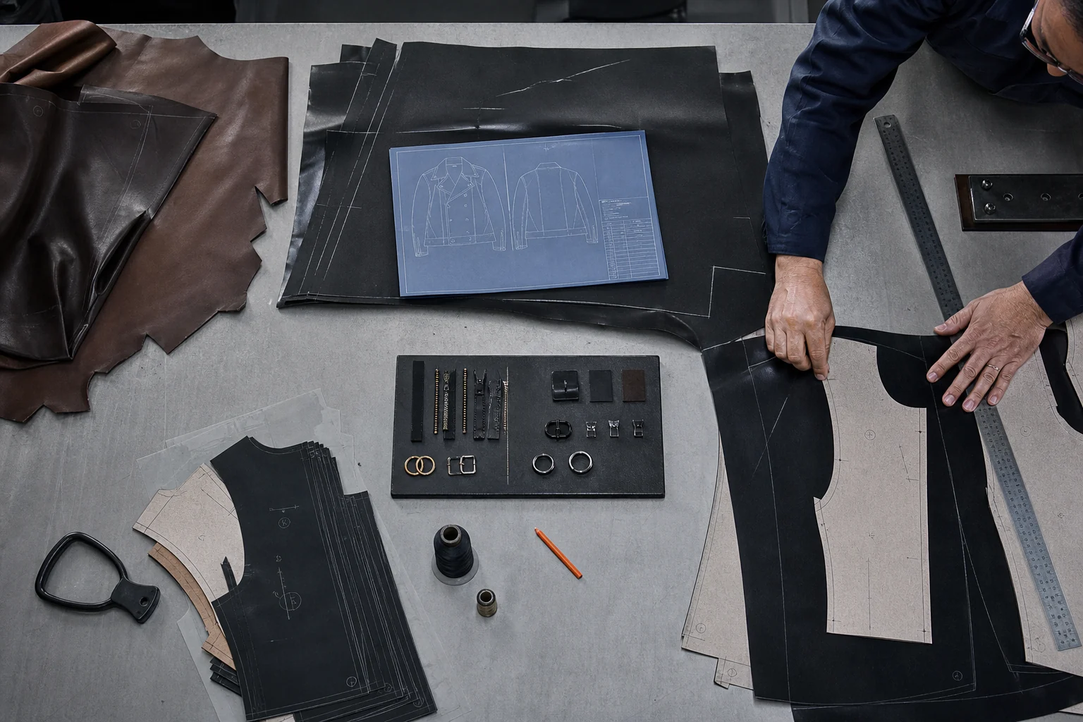 Leather jacket development table with patterns, materials and trims
