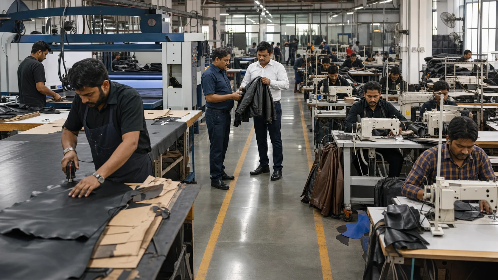 Leather goods manufacturing floor in Noida, India