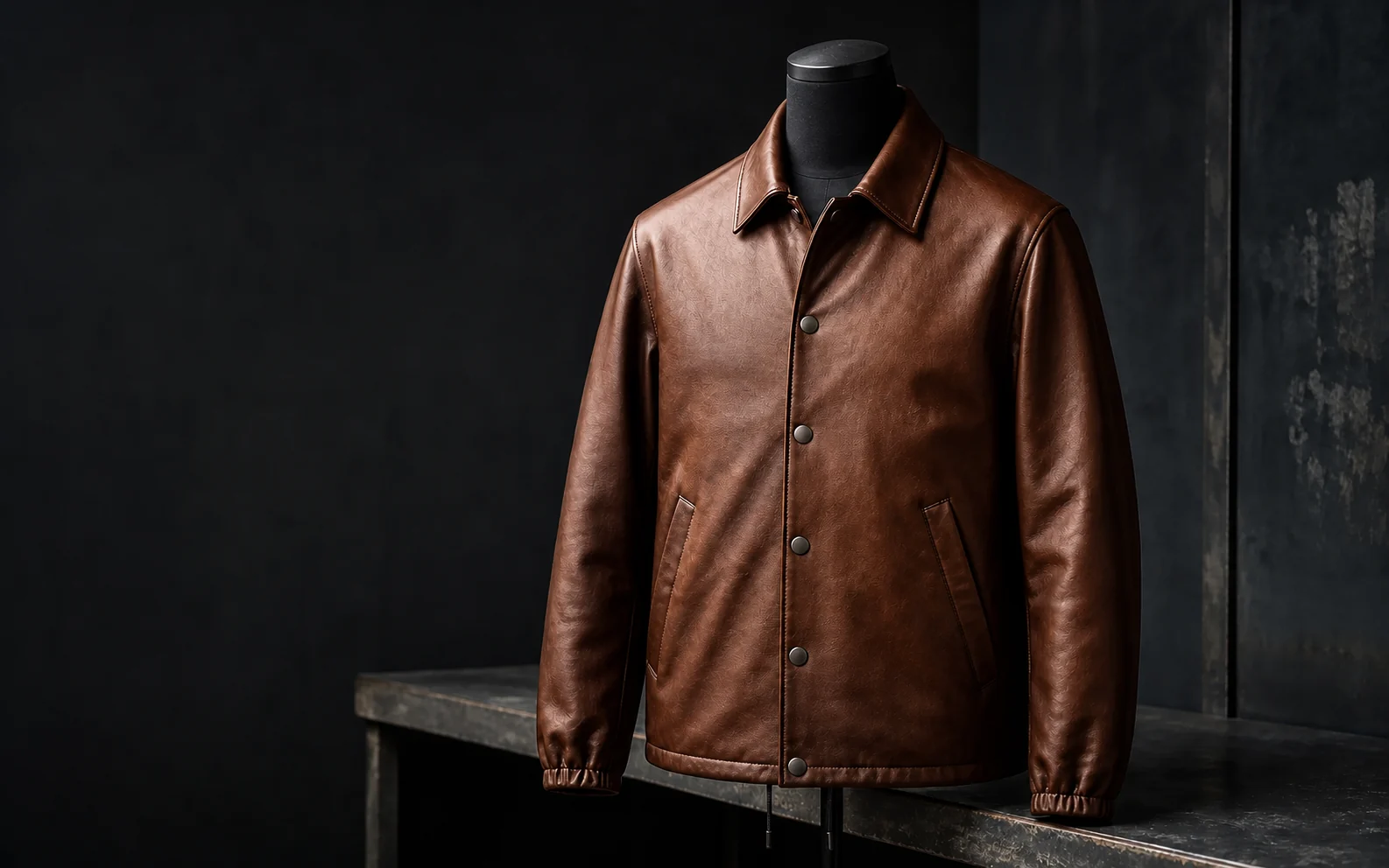 Cognac brown leather outerwear sample developed for private-label production