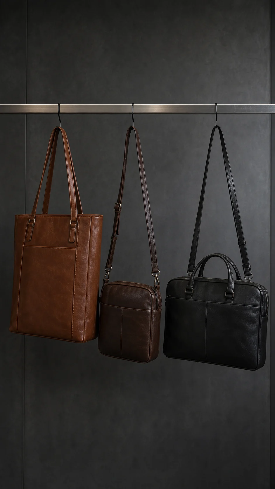 Finished leather bag samples hanging in the Hide Fashion sample room