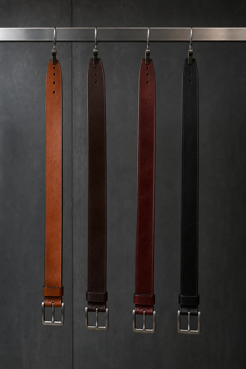 Finished leather belt samples hanging for buyer review